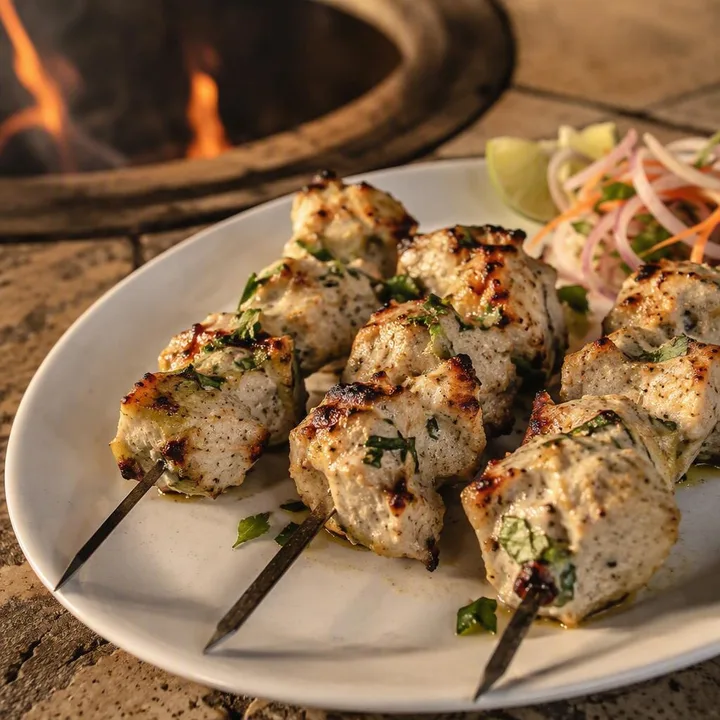 Plate of malai chicken tikka skewers with creamy marinade on a sharing platter at Nouba Restaurant and Rooftop Lounge, C-Scheme Jaipur