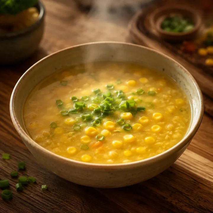 steaming bowl of vegetarian sweet corn soup with garnished greens at Nouba Restaurant and Rooftop Lounge, C-Scheme Jaipur