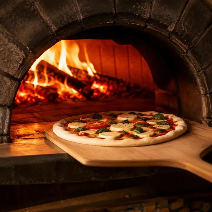 Wood-fired pizza oven with flames and dough on peel at Nouba Restaurant and Rooftop Lounge, C-Scheme Jaipur