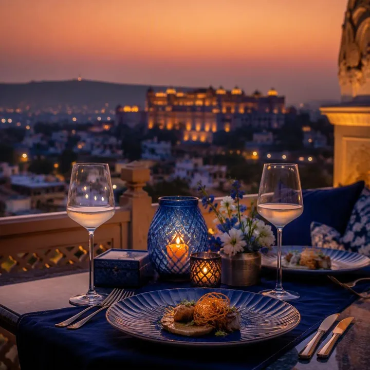 Couple table set for two with candlelight and skyline view at Nouba Restaurant and Rooftop Lounge, C-Scheme Jaipur