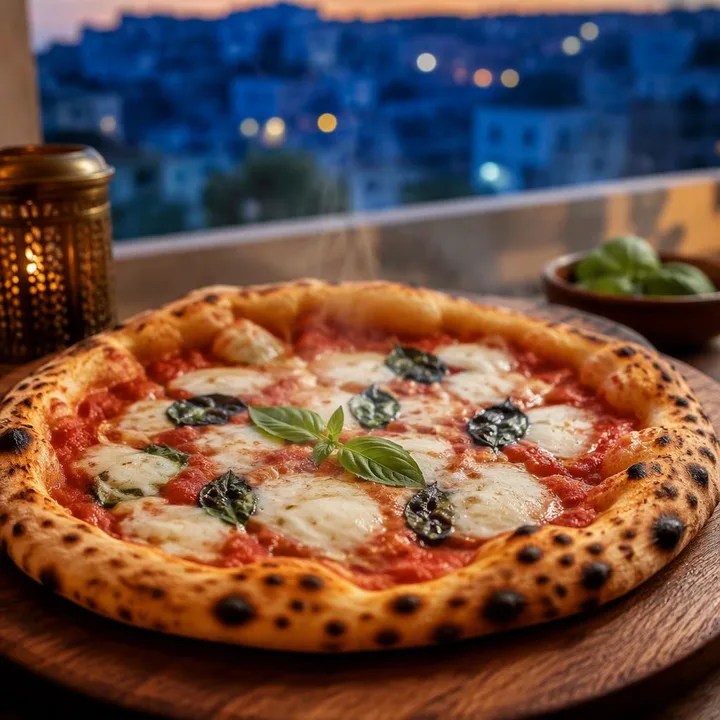 Wood-fired Neapolitan pizza on blue rooftop table with Jaipur skyline at Nouba Restaurant and Rooftop Lounge, C-Scheme Jaipur