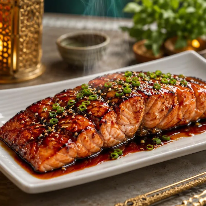 Teriyaki grilled salmon on a sharing platter with chopsticks and sides at Nouba Restaurant and Rooftop Lounge, C-Scheme Jaipur