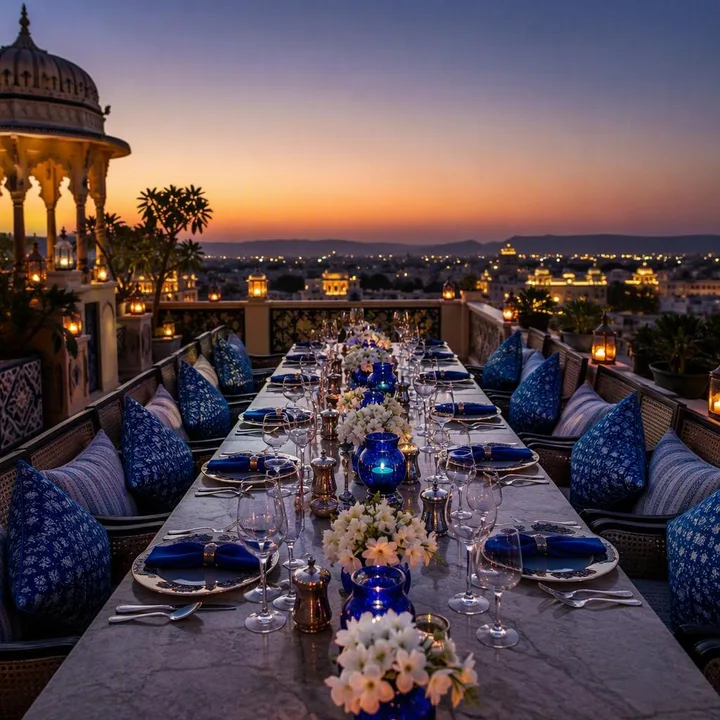 Rooftop tables set for private group dining with Jaipur skyline view at Nouba Restaurant and Rooftop Lounge, C-Scheme Jaipur