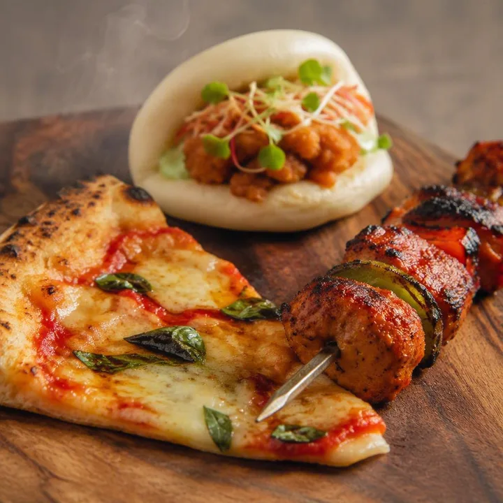 Neapolitan pizza slice beside tandoor grill and dim sum plate at Nouba Restaurant and Rooftop Lounge, C-Scheme Jaipur