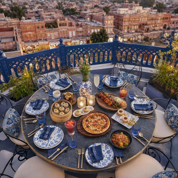 Rooftop tables set for group dinner with skyline view at Nouba Restaurant and Rooftop Lounge, C-Scheme Jaipur