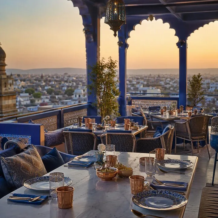 Rooftop tables with Jaipur skyline view at dusk at Nouba Restaurant and Rooftop Lounge, C-Scheme Jaipur