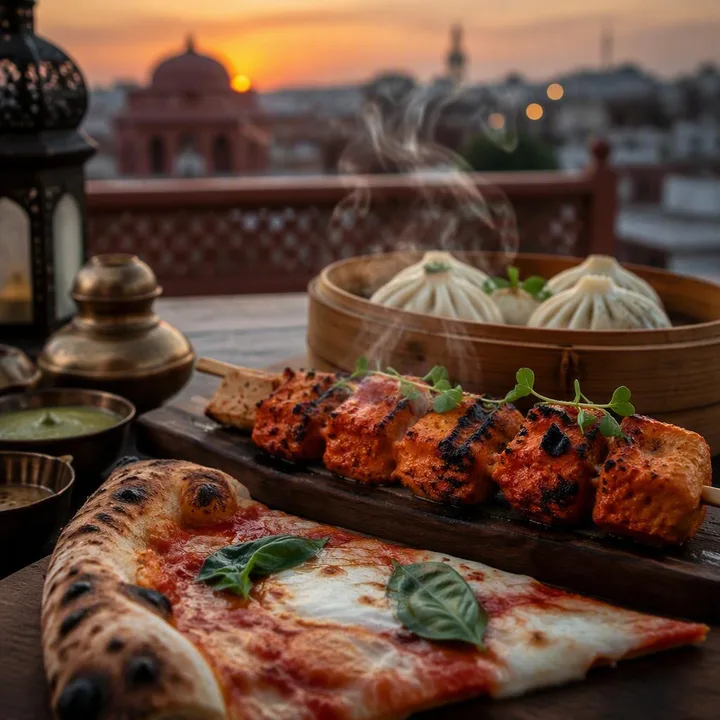 Wood-fired pizza slice with North Indian kebab and dim sum beside it at Nouba Restaurant and Rooftop Lounge, C-Scheme Jaipur
