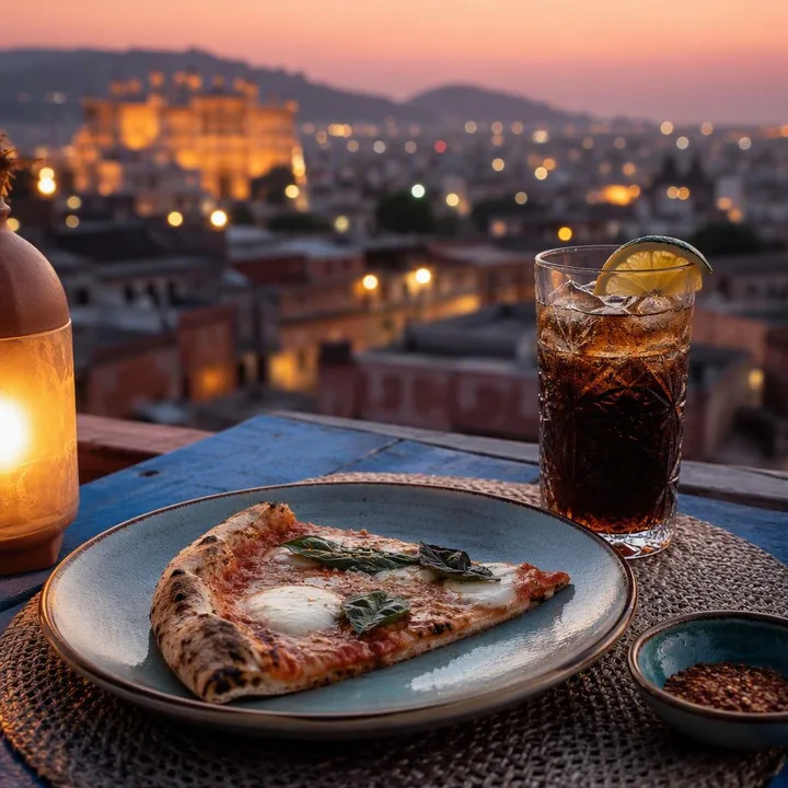 Table set for one with a wood-fired pizza and drink at sunset on the rooftop at Nouba Restaurant and Rooftop Lounge, C-Scheme Jaipur