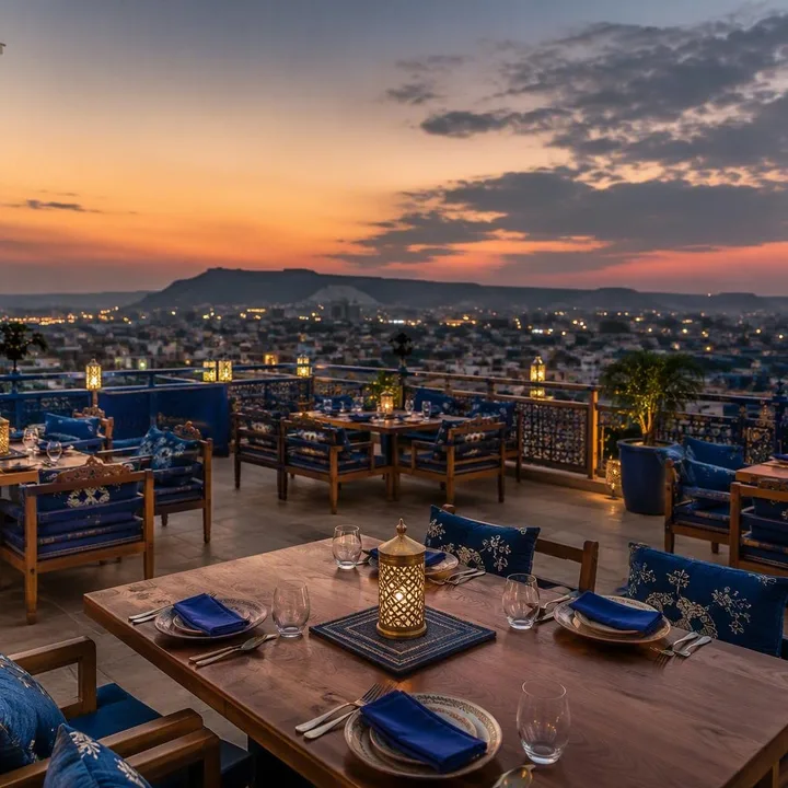 Rooftop tables with Jaipur skyline view at sunset at Nouba Restaurant and Rooftop Lounge, C-Scheme Jaipur
