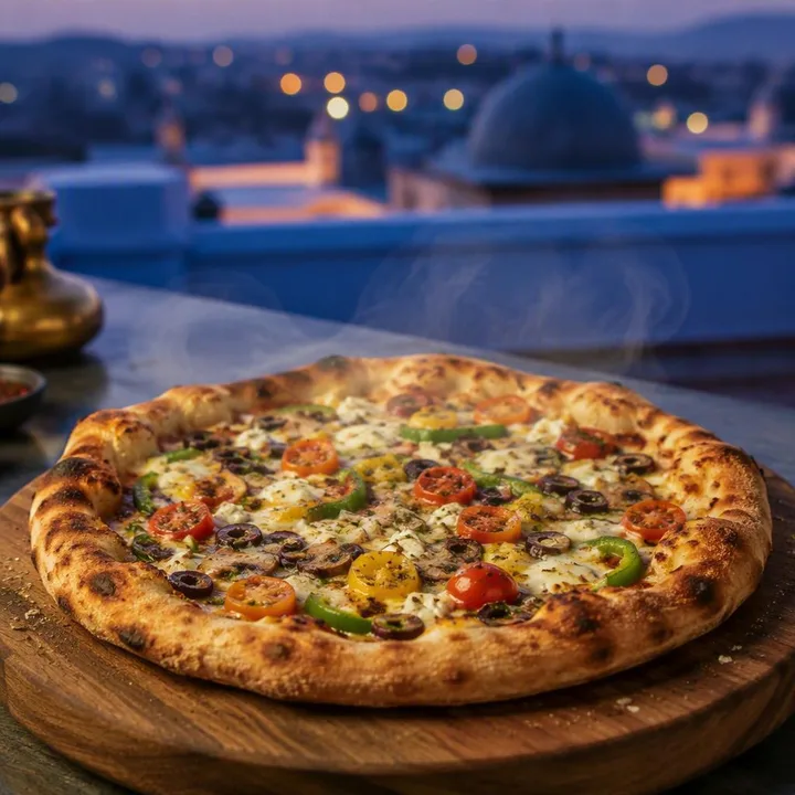 Neapolitan pizza slice with custom toppings on blue rooftop table at Nouba Restaurant and Rooftop Lounge, C-Scheme Jaipur