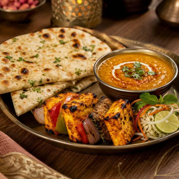 Table with vegetarian north Indian dishes and notes at Nouba Restaurant and Rooftop Lounge, C-Scheme Jaipur