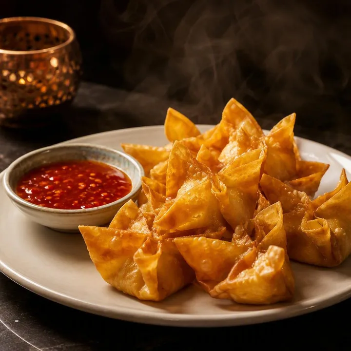 Crispy wontons on a plate with dipping sauce at Nouba Restaurant and Rooftop Lounge, C-Scheme Jaipur