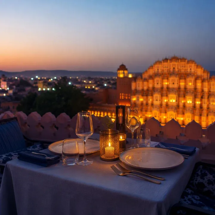 Rooftop table set for couple dining with Jaipur skyline view at Nouba Restaurant and Rooftop Lounge, C-Scheme Jaipur