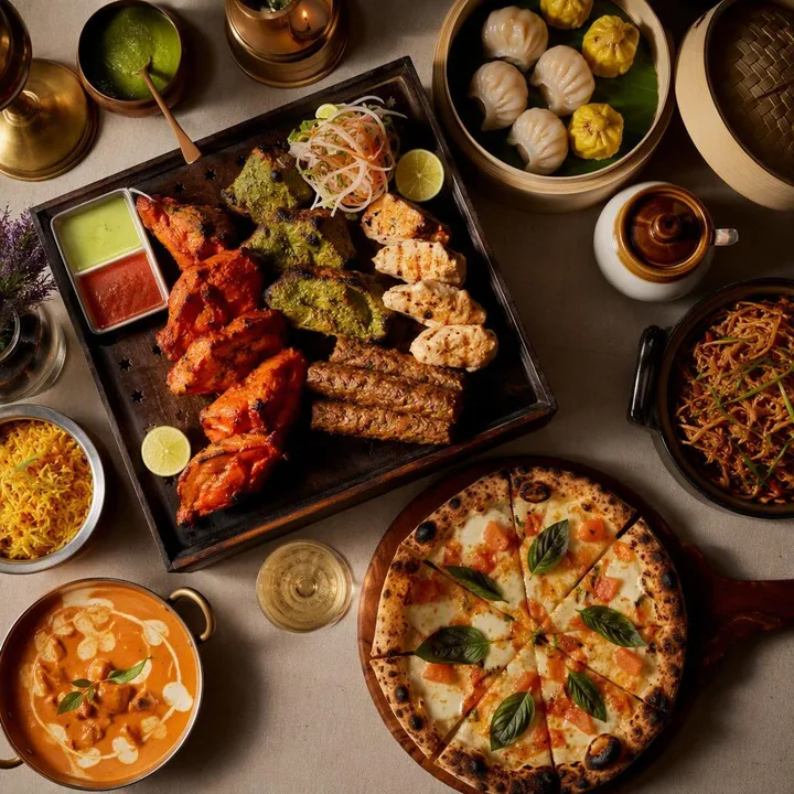Set table with North Indian tandoor platter, Pan-Asian dim sum and wood-fired pizza at Nouba Restaurant and Rooftop Lounge, C-Scheme Jaipur