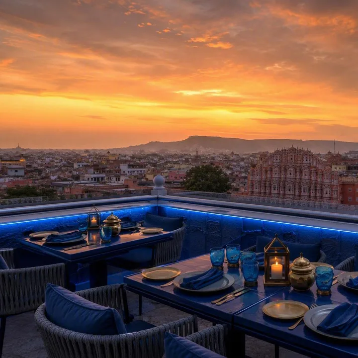 Rooftop tables with Jaipur skyline view at dusk at Nouba Restaurant and Rooftop Lounge, C-Scheme Jaipur