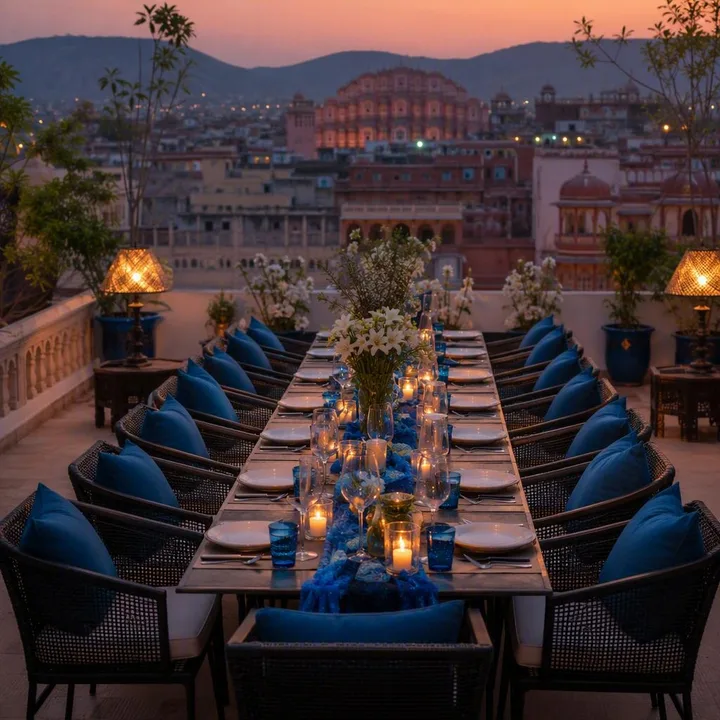 Rooftop tables set for large family group with skyline view at Nouba Restaurant and Rooftop Lounge, C-Scheme Jaipur