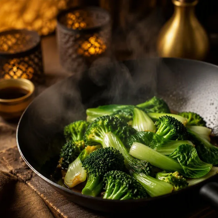 Stir-fried broccoli and bok choy in wok with chopsticks at Nouba Restaurant and Rooftop Lounge, C-Scheme Jaipur