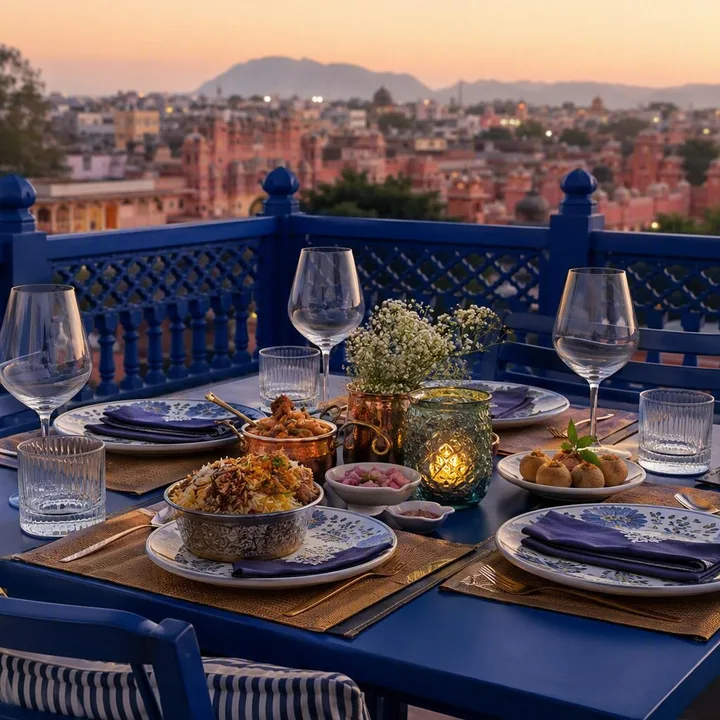 Rooftop table setup for private group dining with city skyline view at Nouba Restaurant and Rooftop Lounge, C-Scheme Jaipur