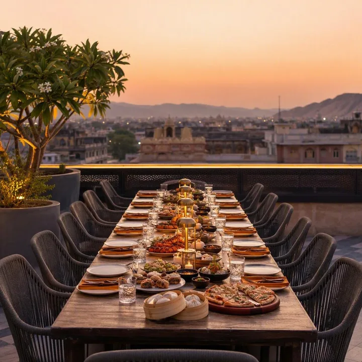 Rooftop tables set for large mixed group with skyline view at Nouba Restaurant and Rooftop Lounge, C-Scheme Jaipur