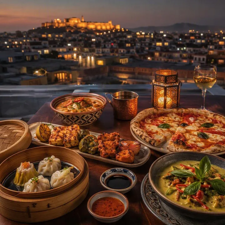 Rooftop table setup for engagement dinner with skyline view at Nouba Restaurant and Rooftop Lounge, C-Scheme Jaipur