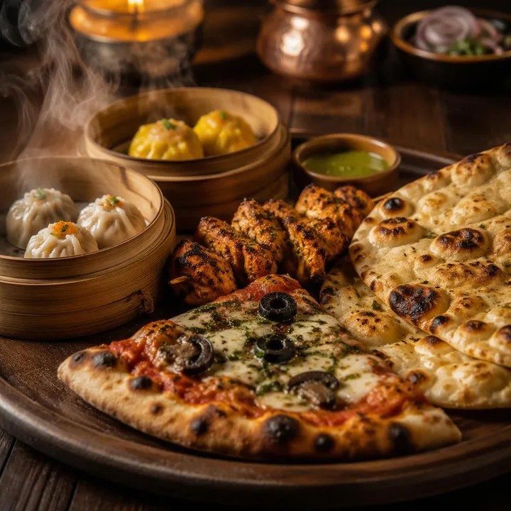 Set table with pizza, dim sum and tandoor platter at Nouba Restaurant and Rooftop Lounge, C-Scheme Jaipur