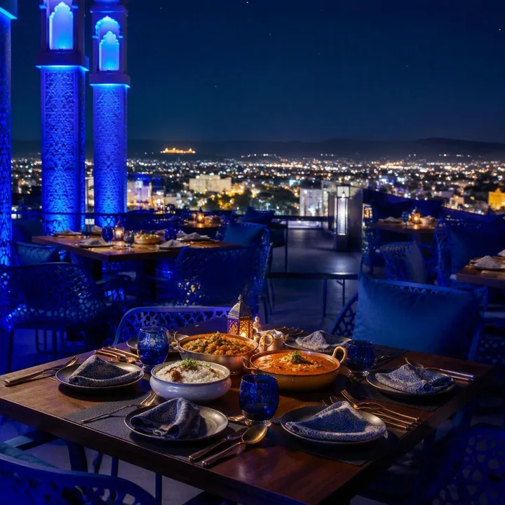 Rooftop tables with Jaipur skyline at night at Nouba Restaurant and Rooftop Lounge, C-Scheme Jaipur