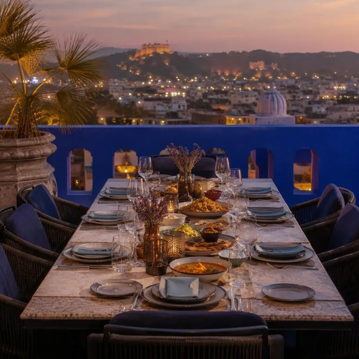 Rooftop table set for family group with skyline view at Nouba Restaurant and Rooftop Lounge, C-Scheme Jaipur