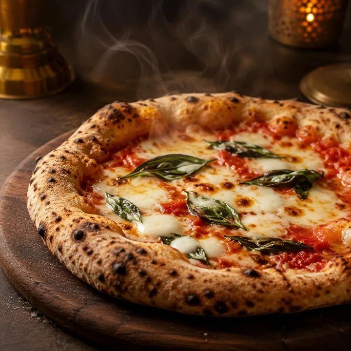 Wood-fired Neapolitan pizza on peel from oven at Nouba Restaurant and Rooftop Lounge, C-Scheme Jaipur