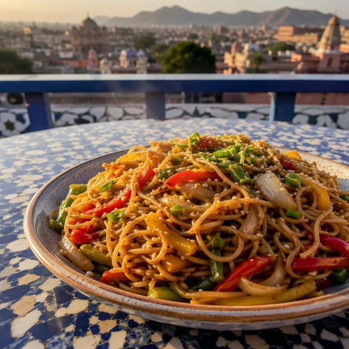 Steaming wok-fried Chinese vegetables and noodles on sharing plate at Nouba Restaurant and Rooftop Lounge, C-Scheme Jaipur