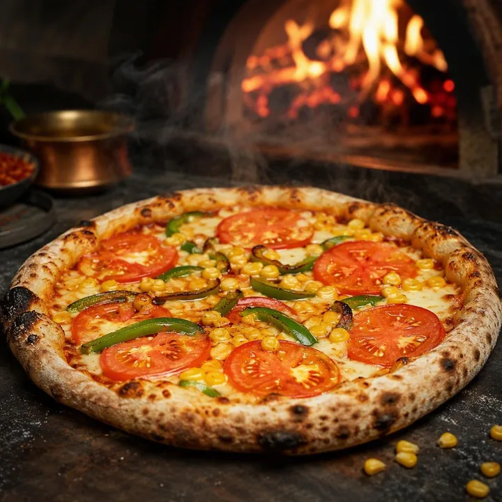 Custom topped Neapolitan pizza with mild vegetables on wood fired base at Nouba Restaurant and Rooftop Lounge, C-Scheme Jaipur