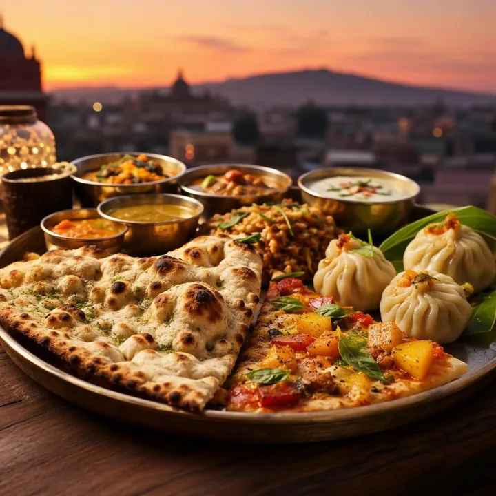 Table set for vegetarian group dinner with skyline view at Nouba Restaurant and Rooftop Lounge, C-Scheme Jaipur