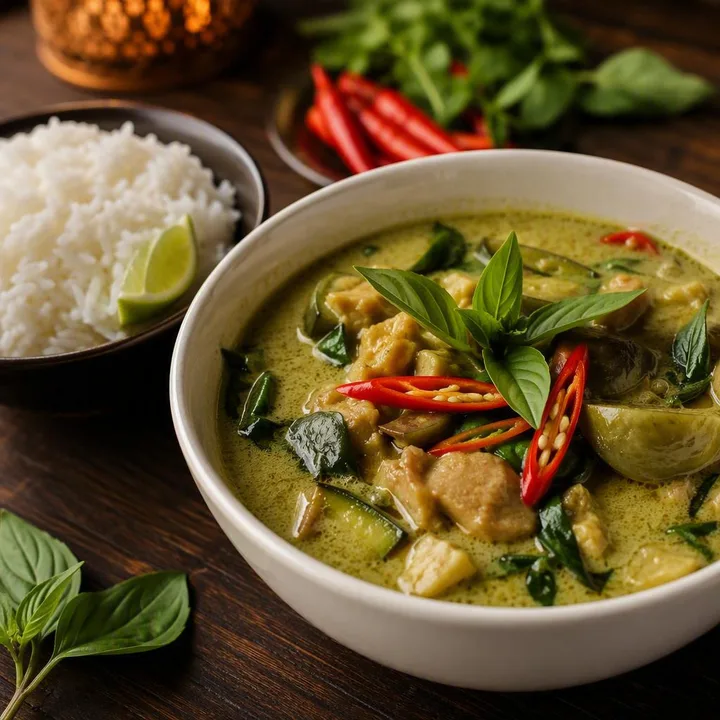 Thai green curry in white bowl with rice and herbs at Nouba Restaurant and Rooftop Lounge, C-Scheme Jaipur