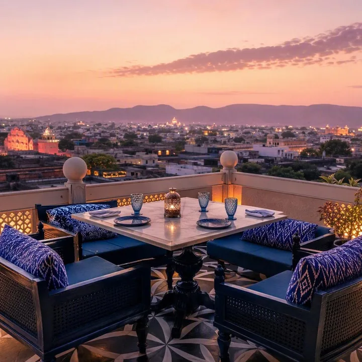 Rooftop table with Jaipur skyline at dusk and clean background for photos at Nouba Restaurant and Rooftop Lounge, C-Scheme Jaipur