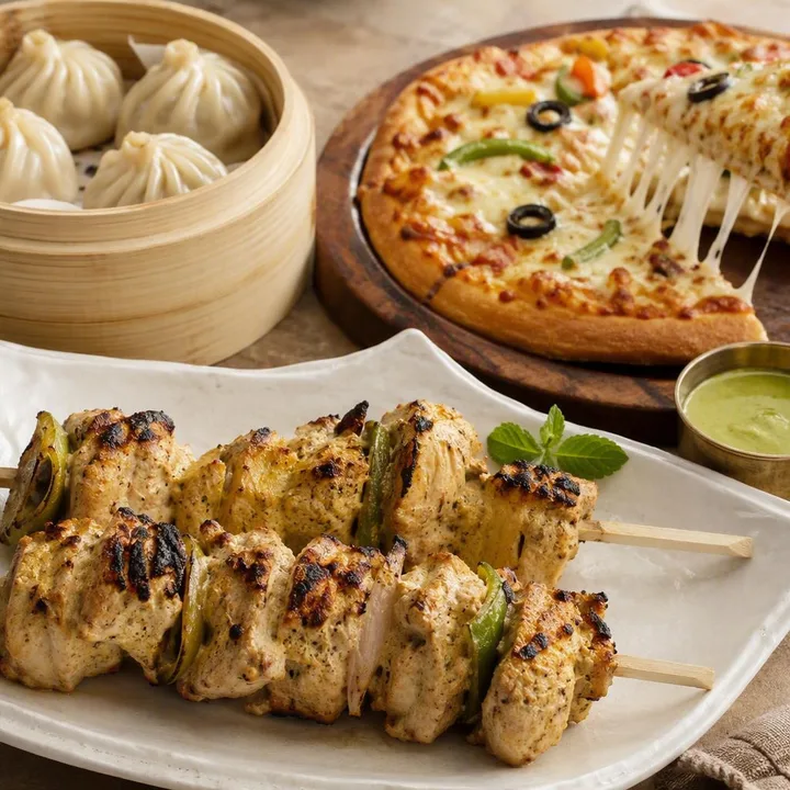 Malai chicken tikka on skewers with creamy marinade next to dim sum and pizza slice at Nouba Restaurant and Rooftop Lounge, C-Scheme Jaipur