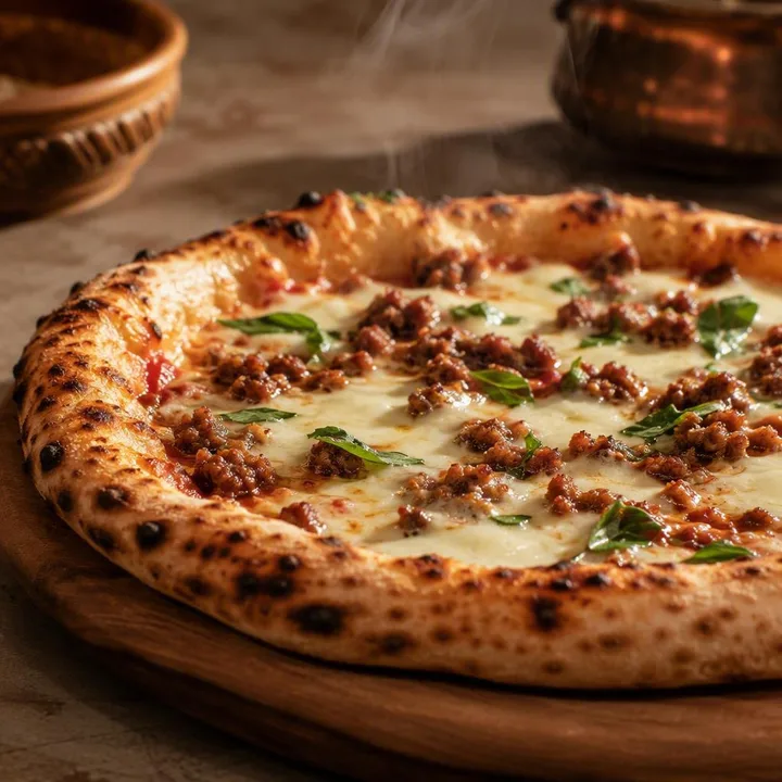 Minced meat pizza slice on wood board with charred crust at Nouba Restaurant and Rooftop Lounge, C-Scheme Jaipur