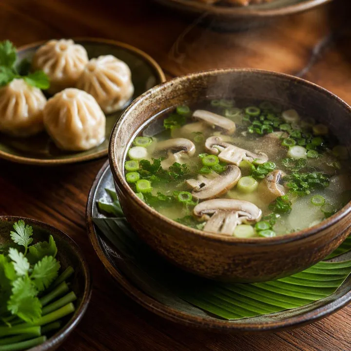 Bowl of clear soup with chopsticks and side plates of dim sum at Nouba Restaurant and Rooftop Lounge, C-Scheme Jaipur