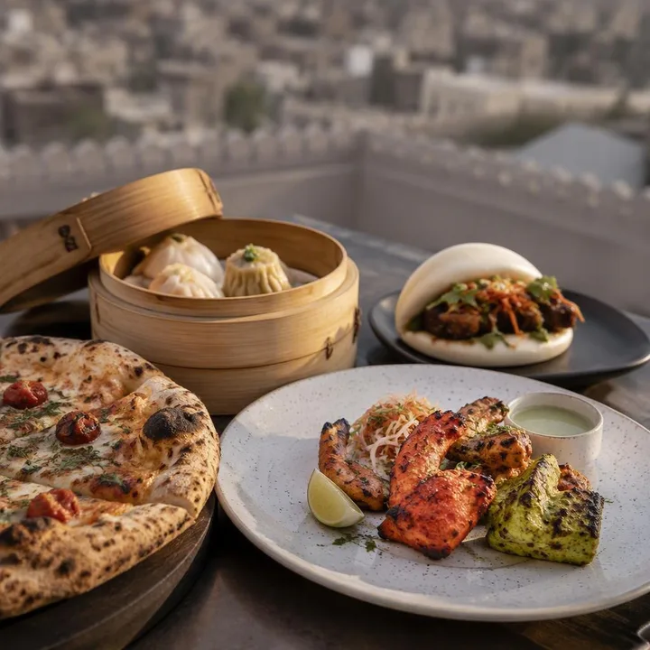 Wood-fired pizza beside Pan-Asian dim sum and North Indian tandoor plate at Nouba Restaurant and Rooftop Lounge, C-Scheme Jaipur