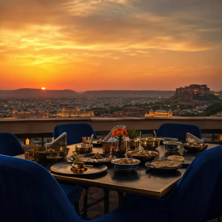Rooftop table at dusk with 180-degree Jaipur skyline view and electric blue decor at Nouba Restaurant and Rooftop Lounge, C-Scheme Jaipur