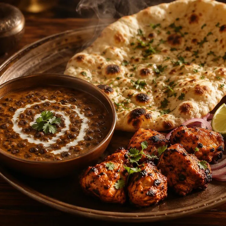 Table set with north Indian dishes and tandoor items at Nouba Restaurant and Rooftop Lounge, C-Scheme Jaipur