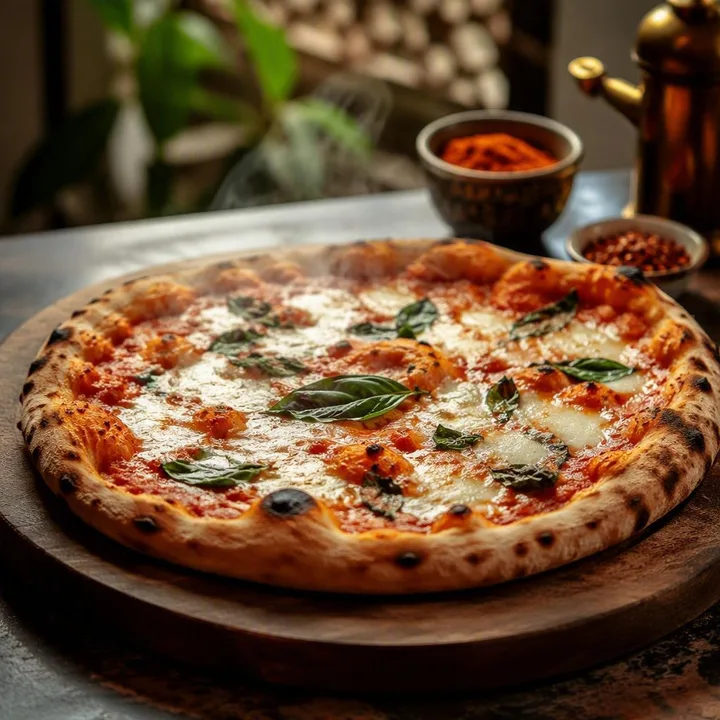 Wood-fired Neapolitan pizza on table for two at Nouba Restaurant and Rooftop Lounge, C-Scheme Jaipur