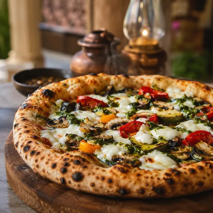 Custom topped wood-fired pizza on a table at Nouba Restaurant and Rooftop Lounge, C-Scheme Jaipur