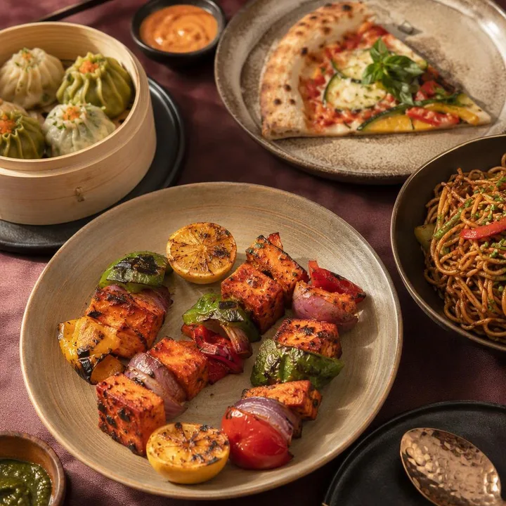 Table set with mixed veg and non-veg dishes from three kitchens at Nouba Restaurant and Rooftop Lounge, C-Scheme Jaipur