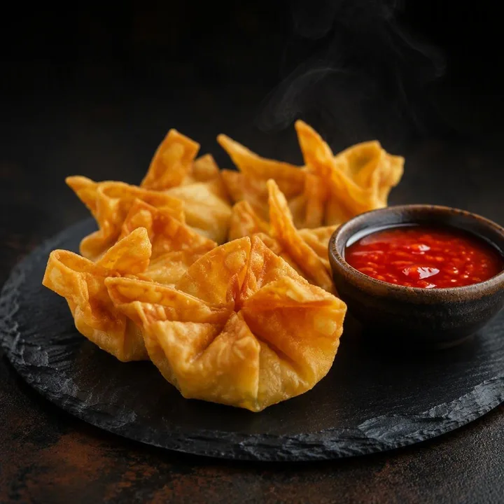 Plate of crispy wontons with dipping sauce at Nouba Restaurant and Rooftop Lounge, C-Scheme Jaipur