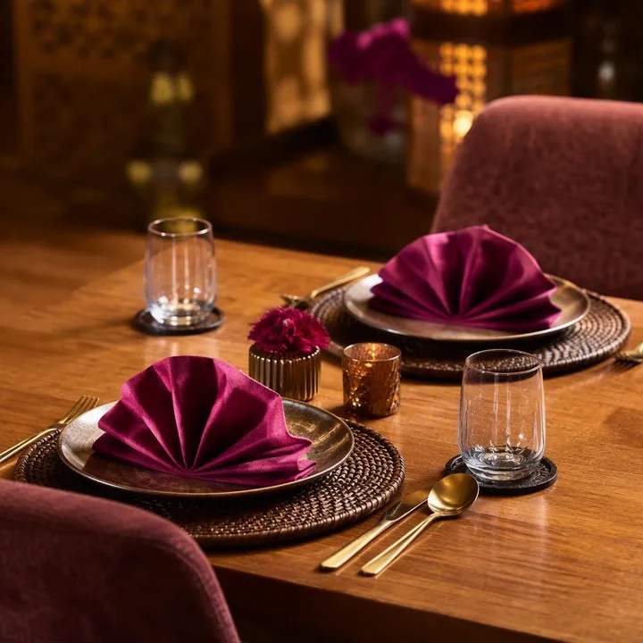 Brown and magenta indoor dining room table set for two at dusk at Nouba Restaurant and Rooftop Lounge, C-Scheme Jaipur