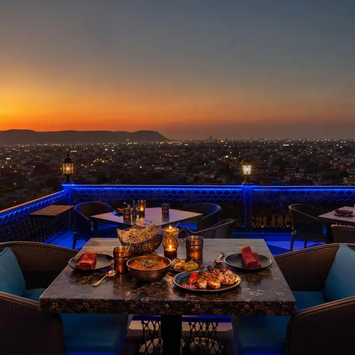 Rooftop tables set for group dining with Jaipur skyline view at Nouba Restaurant and Rooftop Lounge, C-Scheme Jaipur