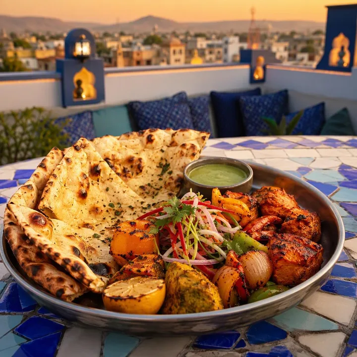 Table set for family dinner with north Indian tandoor dishes and skyline view at Nouba Restaurant and Rooftop Lounge, C-Scheme Jaipur