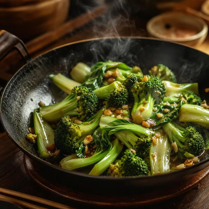 Stir-fried broccoli and bok choy in wok with vegetables at Nouba Restaurant and Rooftop Lounge, C-Scheme Jaipur