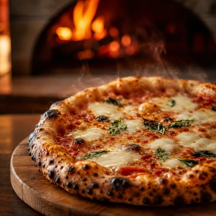 Wood-fired Neapolitan pizza straight from the oven on a table at Nouba Restaurant and Rooftop Lounge C-Scheme Jaipur