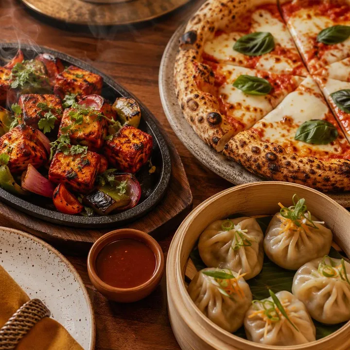Table set with vegetarian north Indian tandoor dishes, wood-fired pizza and Pan-Asian veg items at Nouba Restaurant and Rooftop Lounge, C-Scheme Jaipur