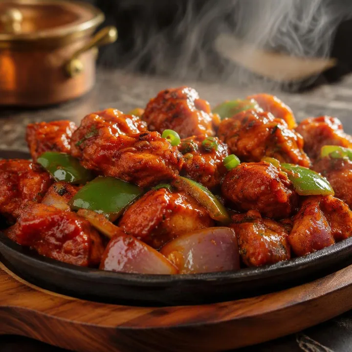 Plate of chilli chicken with sauce and peppers at Nouba Restaurant and Rooftop Lounge, C-Scheme Jaipur